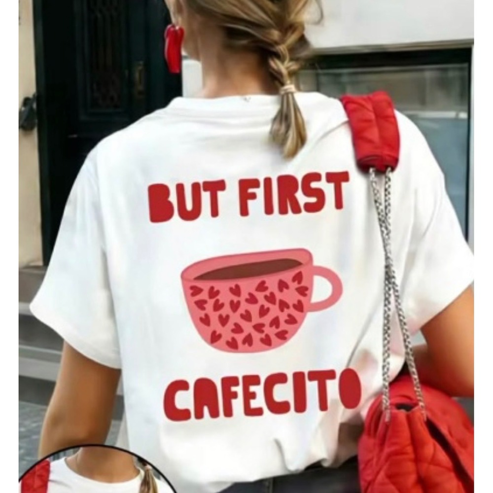 But First Cafecito White Graphic T-Shirt Coffee Heart Cup Short Sleeve Tee
